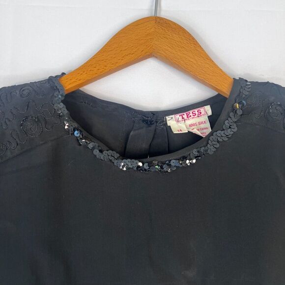 Tess Paris Milano Black Sequin Trim 100% Silk Vintage Blouse Size 14/LG - Picture 3 of 9